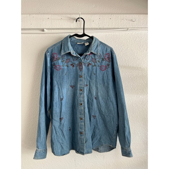 Classic Elements Tops - 90s VTG looking Denim Shirt Women's Blue Embroidered Floral Butterfly Top XL